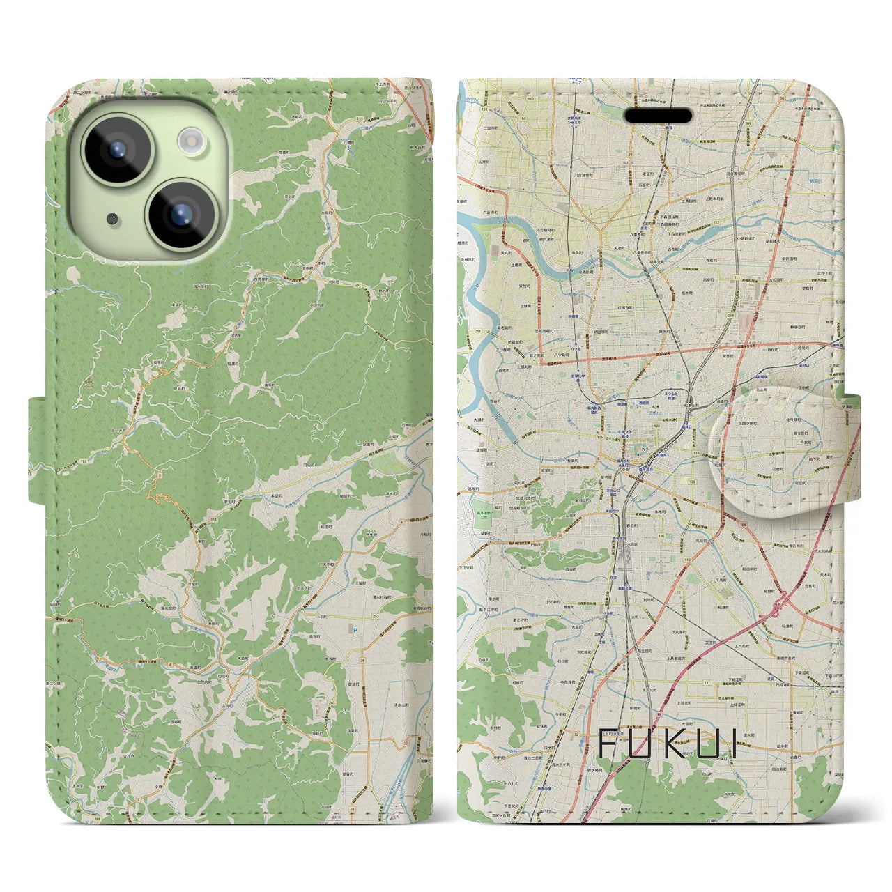 【福井】地図柄iPhoneケース（手帳両面タイプ・ナチュラル）iPhone 15 用