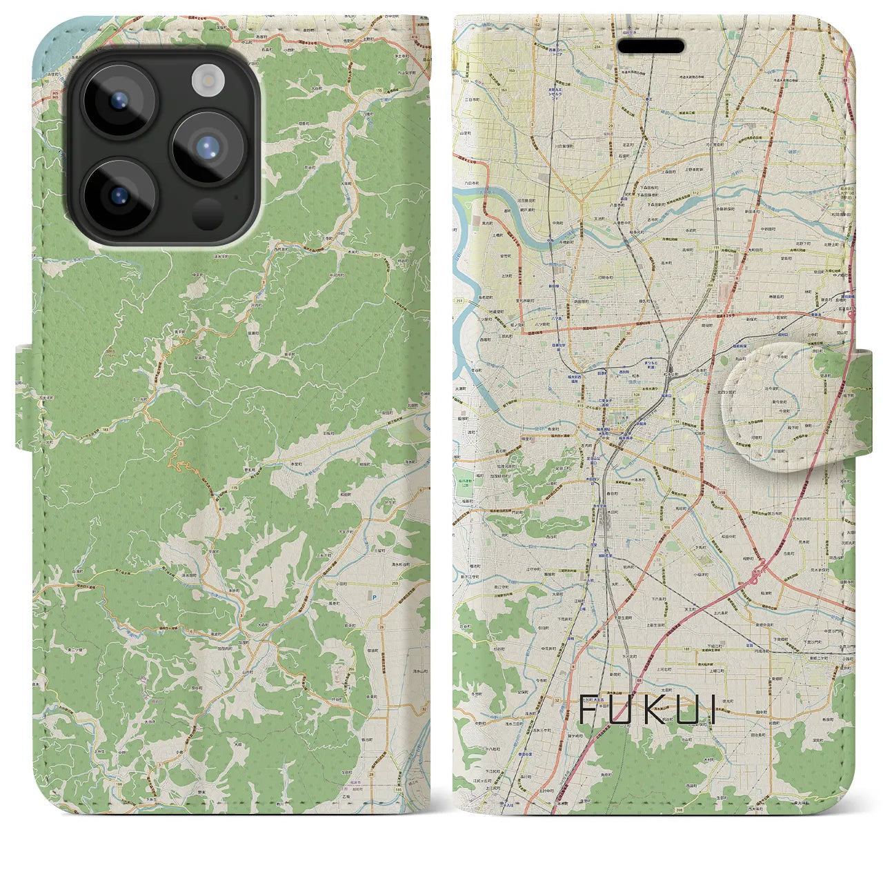 【福井】地図柄iPhoneケース（手帳両面タイプ・ナチュラル）iPhone 15 Pro Max 用