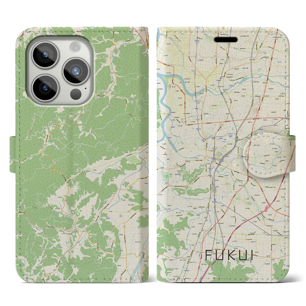 【福井】地図柄iPhoneケース（手帳両面タイプ・ナチュラル）iPhone 15 Pro 用