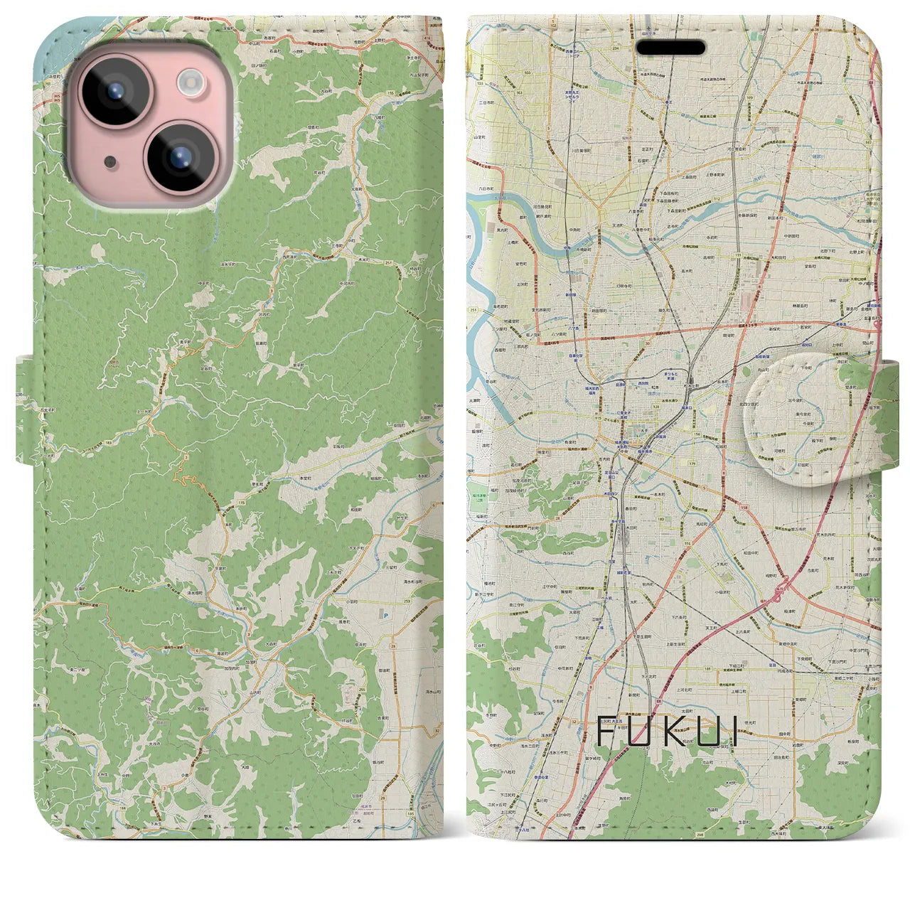 【福井】地図柄iPhoneケース（手帳両面タイプ・ナチュラル）iPhone 15 Plus 用