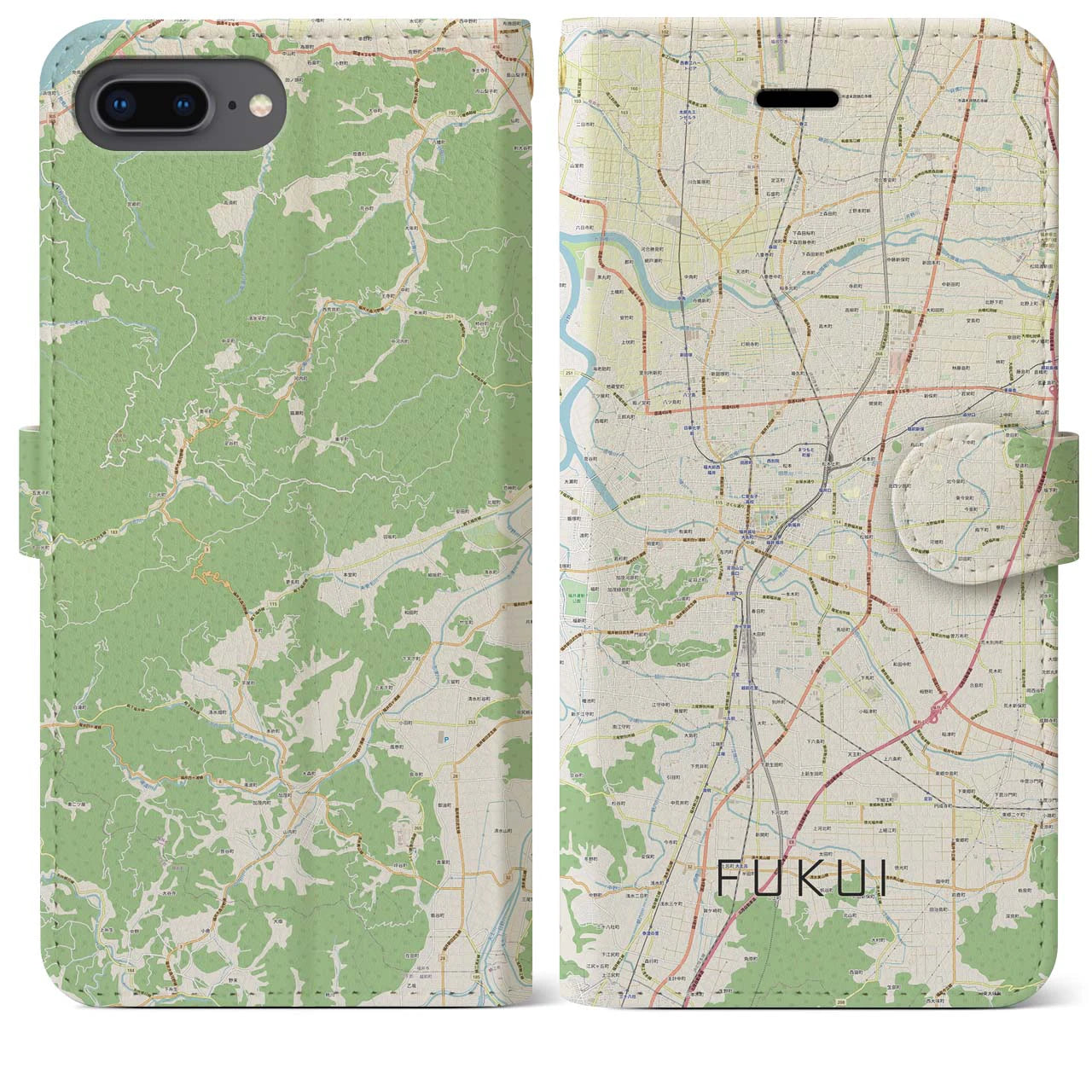 【福井】地図柄iPhoneケース（手帳両面タイプ・ナチュラル）iPhone 8Plus /7Plus / 6sPlus / 6Plus 用