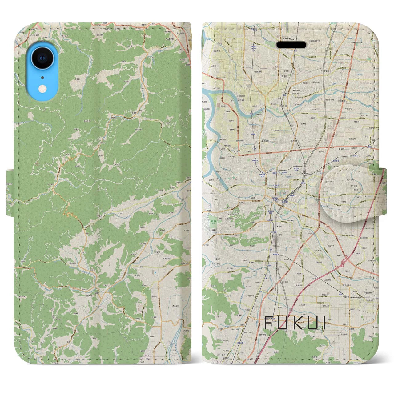 【福井】地図柄iPhoneケース（手帳両面タイプ・ナチュラル）iPhone XR 用