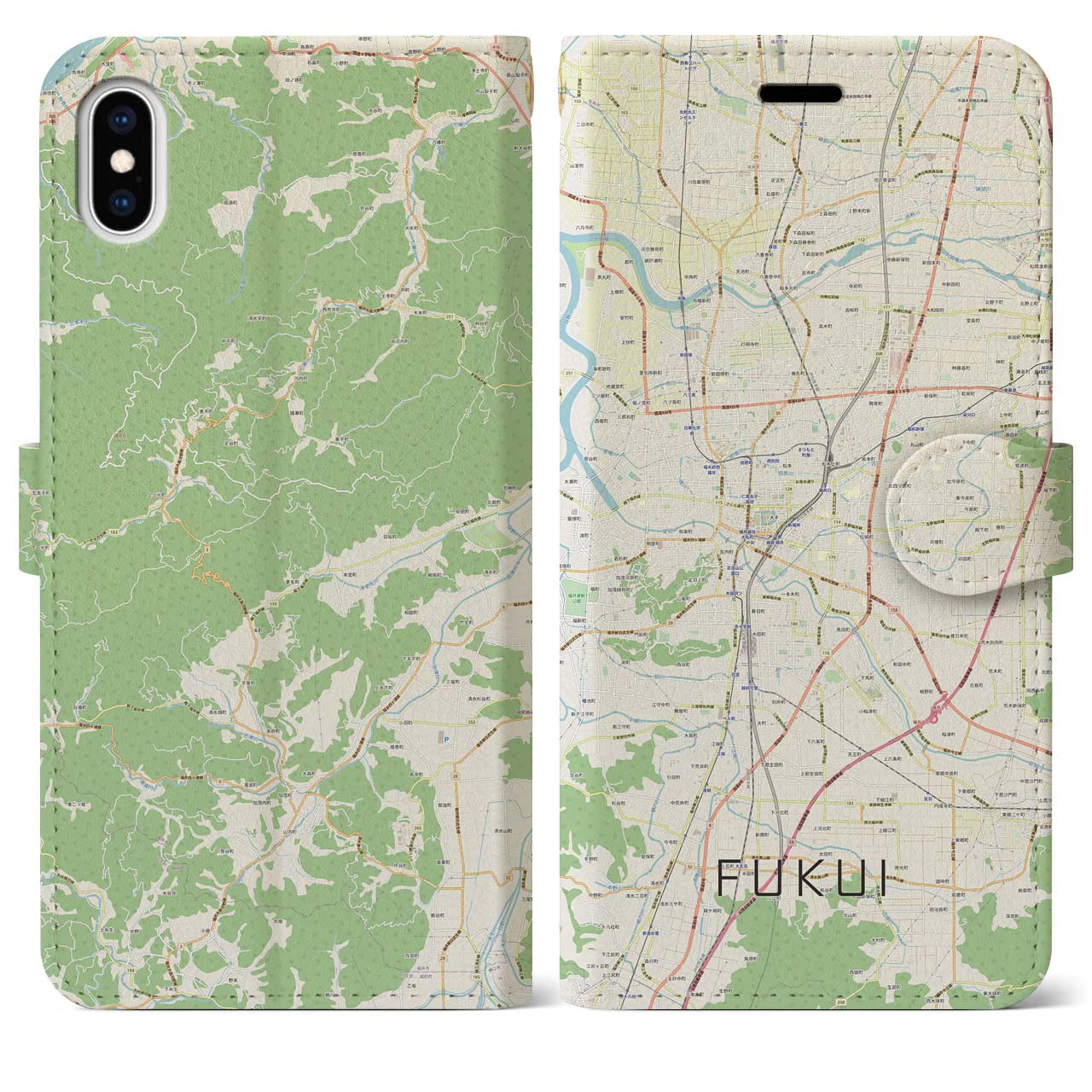 【福井】地図柄iPhoneケース（手帳両面タイプ・ナチュラル）iPhone XS Max 用