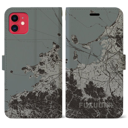 【福岡（福岡県）】地図柄iPhoneケース（手帳タイプ）モノトーン・iPhone 11 用