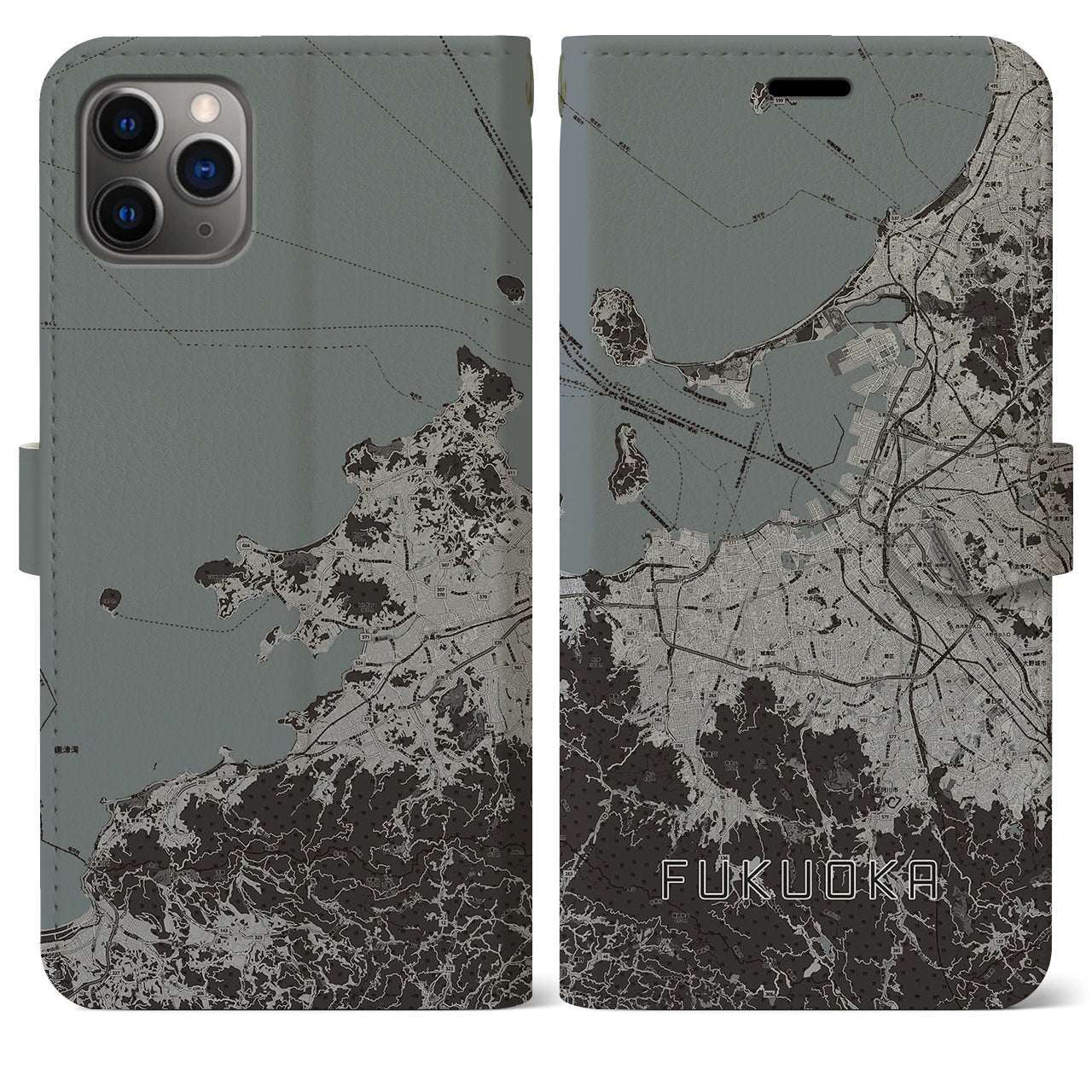 【福岡】地図柄iPhoneケース（手帳両面タイプ・モノトーン）iPhone 11 Pro Max 用