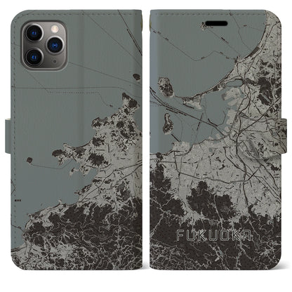 【福岡（福岡県）】地図柄iPhoneケース（手帳タイプ）モノトーン・iPhone 11 Pro Max 用