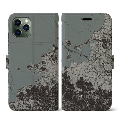 【福岡（福岡県）】地図柄iPhoneケース（手帳タイプ）モノトーン・iPhone 11 Pro 用