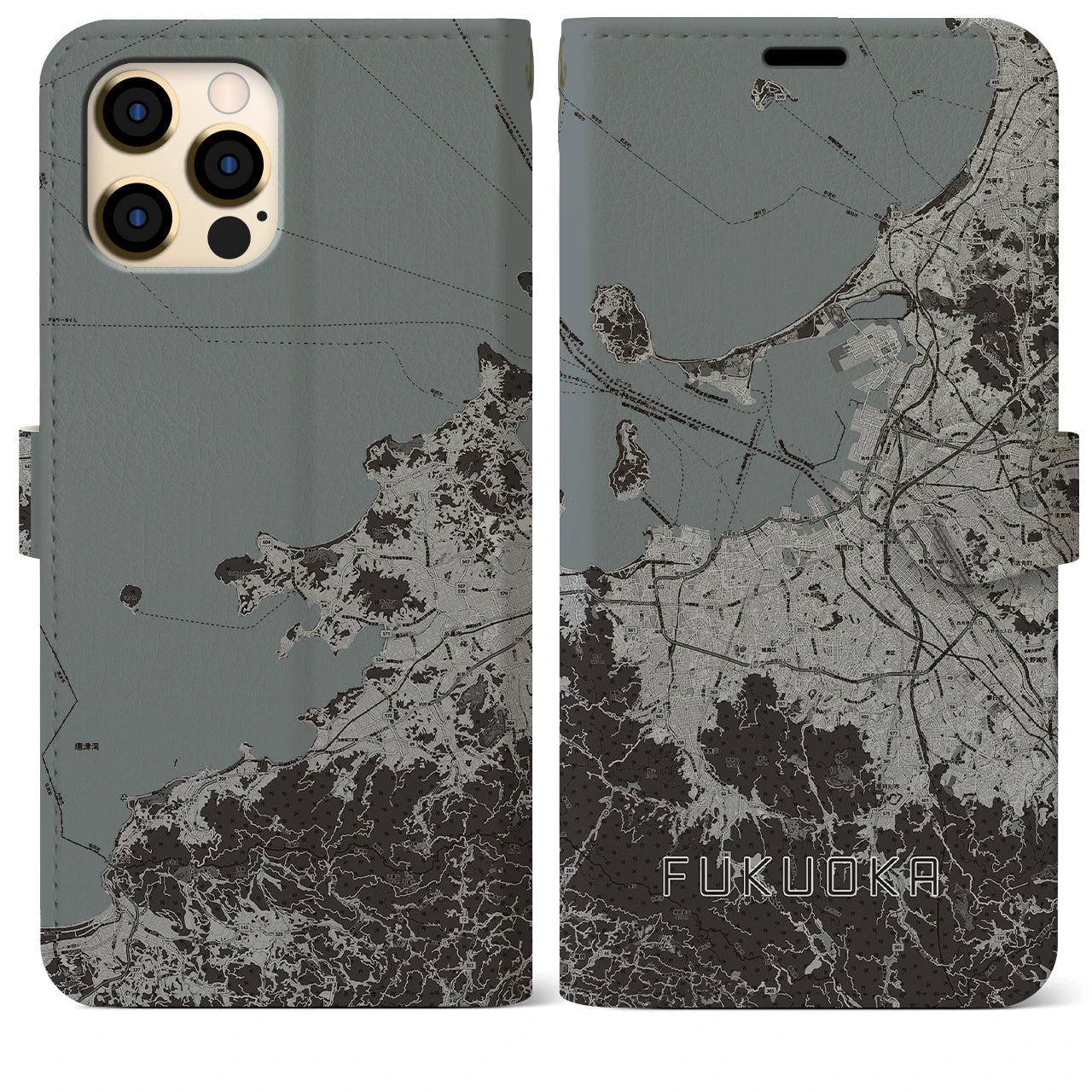 【福岡】地図柄iPhoneケース（手帳両面タイプ・モノトーン）iPhone 12 Pro Max 用