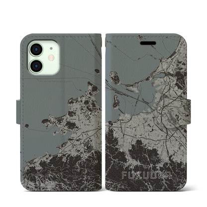【福岡（福岡県）】地図柄iPhoneケース（手帳タイプ）モノトーン・iPhone 12 mini 用