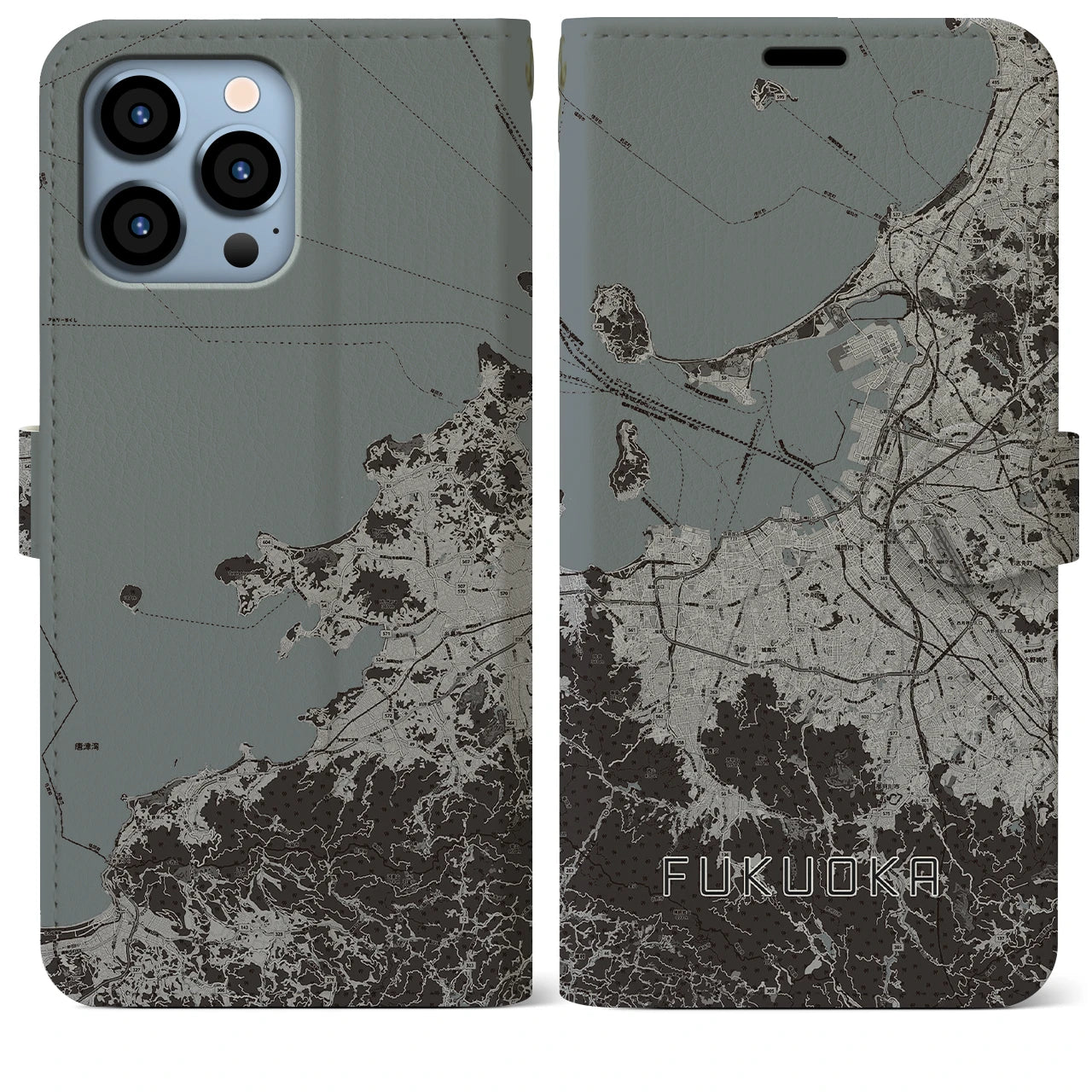 【福岡】地図柄iPhoneケース（手帳両面タイプ・モノトーン）iPhone 13 Pro Max 用