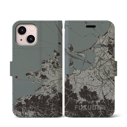 【福岡（福岡県）】地図柄iPhoneケース（手帳タイプ）モノトーン・iPhone 13 mini 用