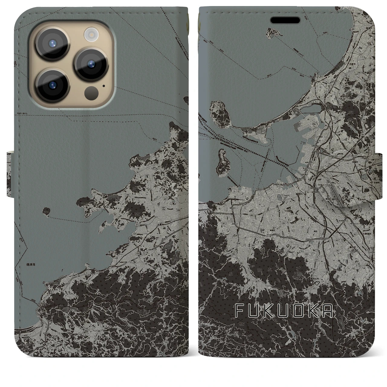【福岡】地図柄iPhoneケース（手帳両面タイプ・モノトーン）iPhone 14 Pro Max 用