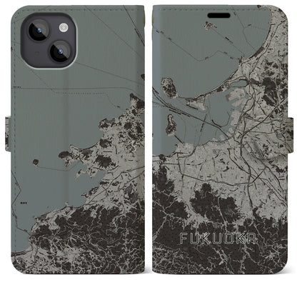 【福岡（福岡県）】地図柄iPhoneケース（手帳タイプ）モノトーン・iPhone 14 Plus 用