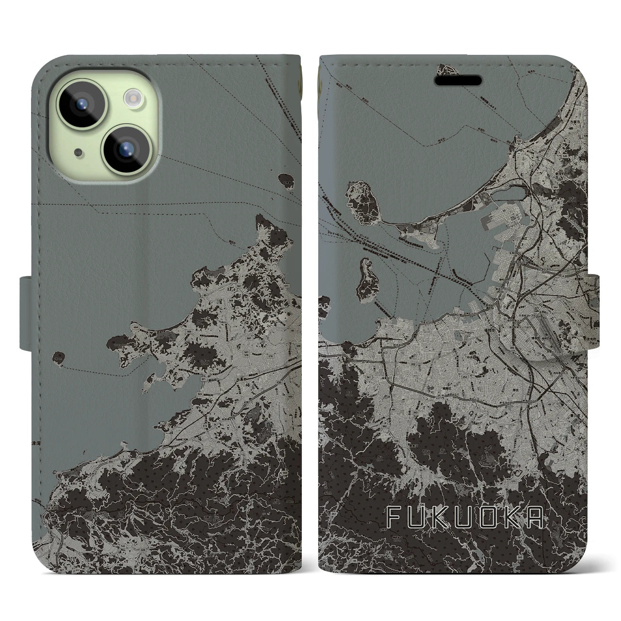 【福岡】地図柄iPhoneケース（手帳両面タイプ・モノトーン）iPhone 15 用