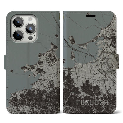 【福岡（福岡県）】地図柄iPhoneケース（手帳タイプ）モノトーン・iPhone 15 Pro 用