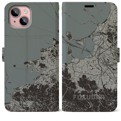 【福岡（福岡県）】地図柄iPhoneケース（手帳タイプ）モノトーン・iPhone 15 Plus 用