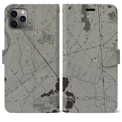 【福岡町（愛知県）】地図柄iPhoneケース（手帳タイプ）モノトーン・iPhone 11 Pro Max 用