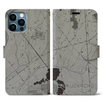 【福岡町（愛知県）】地図柄iPhoneケース（手帳タイプ）モノトーン・iPhone 12 / 12 Pro 用