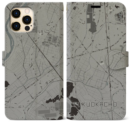 【福岡町（愛知県）】地図柄iPhoneケース（手帳タイプ）モノトーン・iPhone 12 Pro Max 用