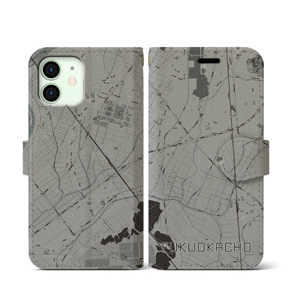【福岡町（愛知県）】地図柄iPhoneケース（手帳タイプ）モノトーン・iPhone 12 mini 用