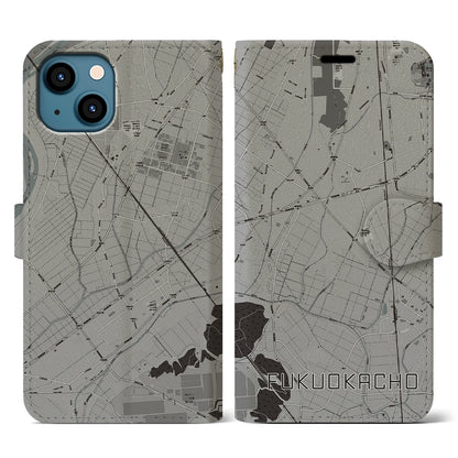 【福岡町（愛知県）】地図柄iPhoneケース（手帳タイプ）モノトーン・iPhone 13 用