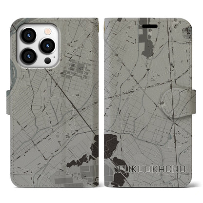 【福岡町（愛知県）】地図柄iPhoneケース（手帳タイプ）モノトーン・iPhone 13 Pro 用