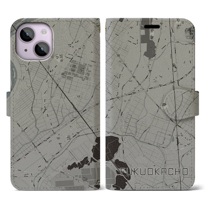 【福岡町（愛知県）】地図柄iPhoneケース（手帳タイプ）モノトーン・iPhone 14 用