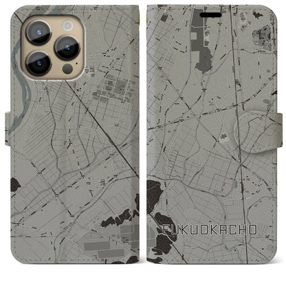 【福岡町（愛知県）】地図柄iPhoneケース（手帳タイプ）モノトーン・iPhone 14 Pro Max 用