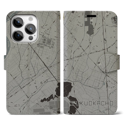 【福岡町（愛知県）】地図柄iPhoneケース（手帳タイプ）モノトーン・iPhone 14 Pro 用
