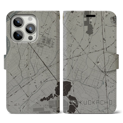 【福岡町（愛知県）】地図柄iPhoneケース（手帳タイプ）モノトーン・iPhone 15 Pro 用