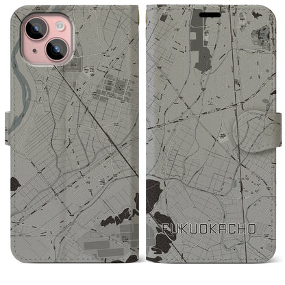【福岡町（愛知県）】地図柄iPhoneケース（手帳タイプ）モノトーン・iPhone 15 Plus 用