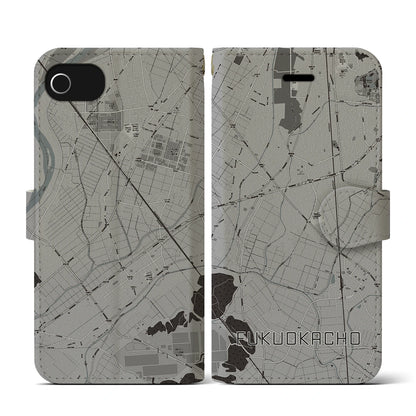 【福岡町（愛知県）】地図柄iPhoneケース（手帳タイプ）モノトーン・iPhone SE（第3 / 第2世代） / 8 / 7 / 6s / 6 用