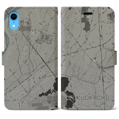 【福岡町（愛知県）】地図柄iPhoneケース（手帳タイプ）モノトーン・iPhone XR 用