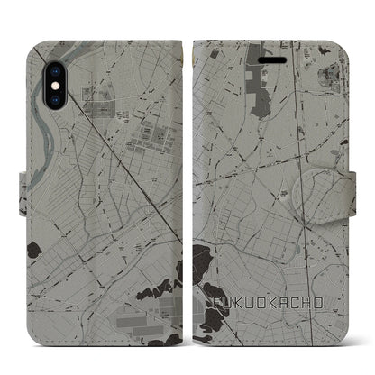 【福岡町（愛知県）】地図柄iPhoneケース（手帳タイプ）モノトーン・iPhone XS / X 用