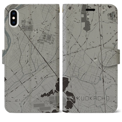 【福岡町（愛知県）】地図柄iPhoneケース（手帳タイプ）モノトーン・iPhone XS Max 用