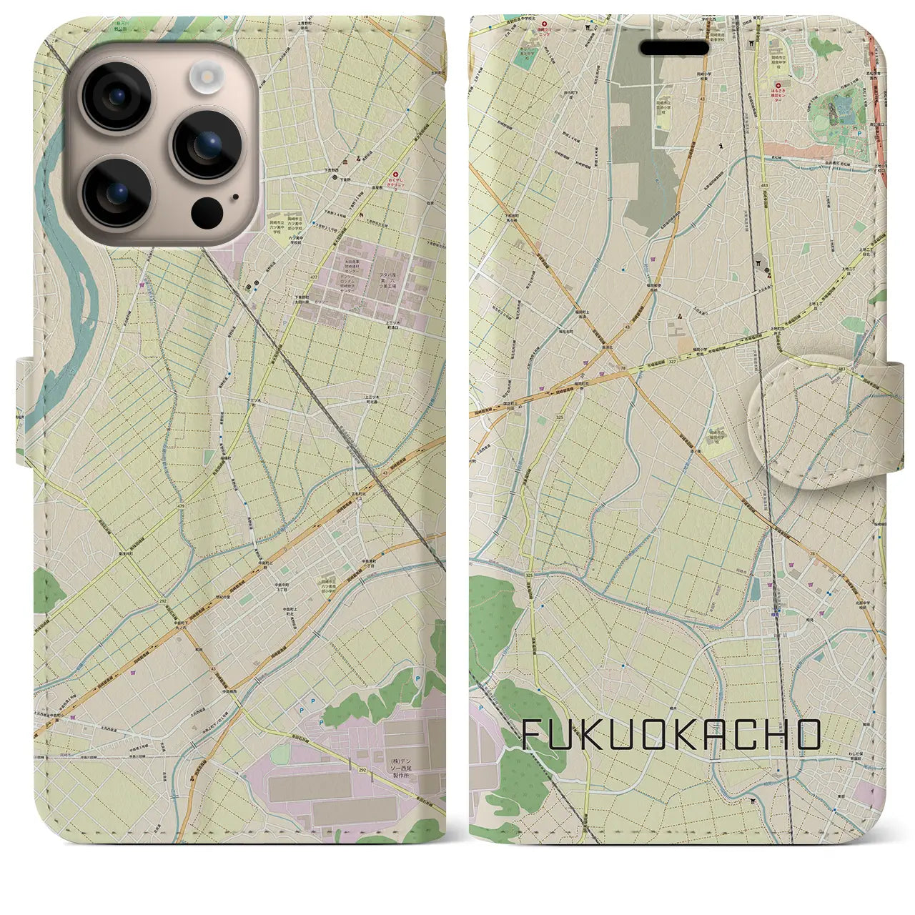 【福岡町（愛知県）】地図柄iPhoneケース（手帳タイプ）ナチュラル・iPhone 16 Plus 用