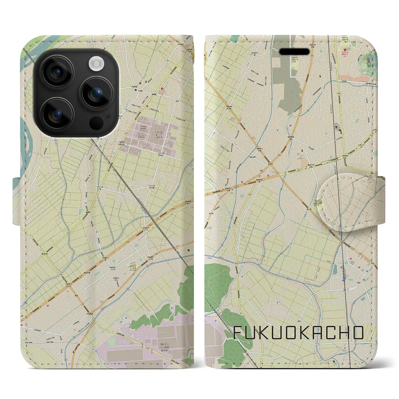 【福岡町（愛知県）】地図柄iPhoneケース（手帳タイプ）ナチュラル・iPhone 16 用