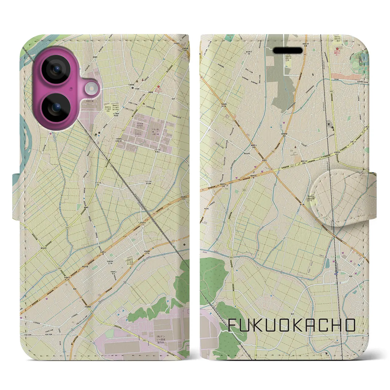 【福岡町（愛知県）】地図柄iPhoneケース（手帳タイプ）ナチュラル・iPhone 16 Pro 用