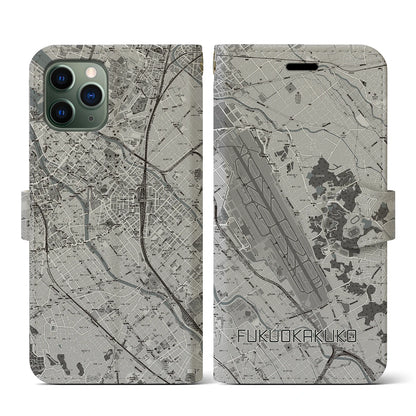 【福岡空港（福岡県）】地図柄iPhoneケース（手帳タイプ）モノトーン・iPhone 11 Pro 用
