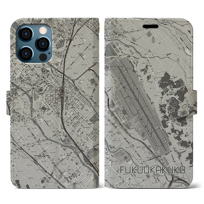 【福岡空港（福岡県）】地図柄iPhoneケース（手帳タイプ）モノトーン・iPhone 12 / 12 Pro 用