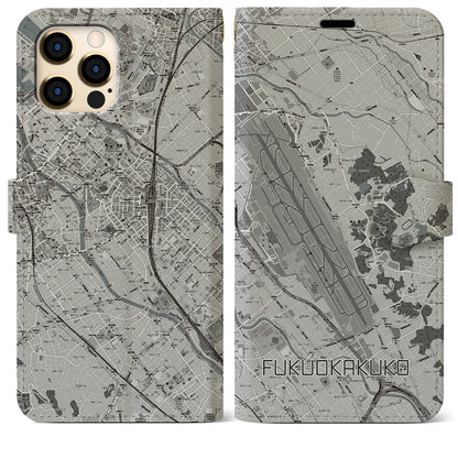 【福岡空港（福岡県）】地図柄iPhoneケース（手帳タイプ）モノトーン・iPhone 12 Pro Max 用