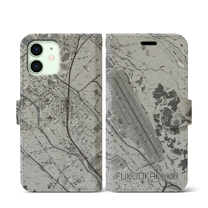 【福岡空港（福岡県）】地図柄iPhoneケース（手帳タイプ）モノトーン・iPhone 12 mini 用