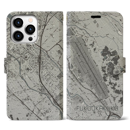 【福岡空港（福岡県）】地図柄iPhoneケース（手帳タイプ）モノトーン・iPhone 13 Pro 用