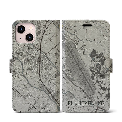 【福岡空港（福岡県）】地図柄iPhoneケース（手帳タイプ）モノトーン・iPhone 13 mini 用