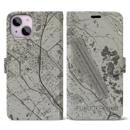 【福岡空港（福岡県）】地図柄iPhoneケース（手帳タイプ）モノトーン・iPhone 14 用