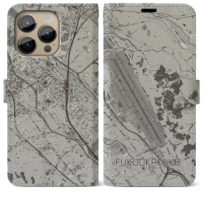 【福岡空港（福岡県）】地図柄iPhoneケース（手帳タイプ）モノトーン・iPhone 14 Pro Max 用