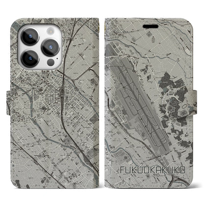 【福岡空港（福岡県）】地図柄iPhoneケース（手帳タイプ）モノトーン・iPhone 14 Pro 用
