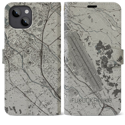 【福岡空港（福岡県）】地図柄iPhoneケース（手帳タイプ）モノトーン・iPhone 14 Plus 用