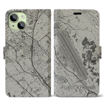 【福岡空港（福岡県）】地図柄iPhoneケース（手帳タイプ）モノトーン・iPhone 15 用