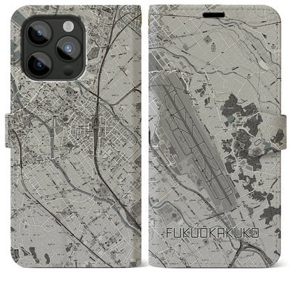 【福岡空港（福岡県）】地図柄iPhoneケース（手帳タイプ）モノトーン・iPhone 15 Pro Max 用